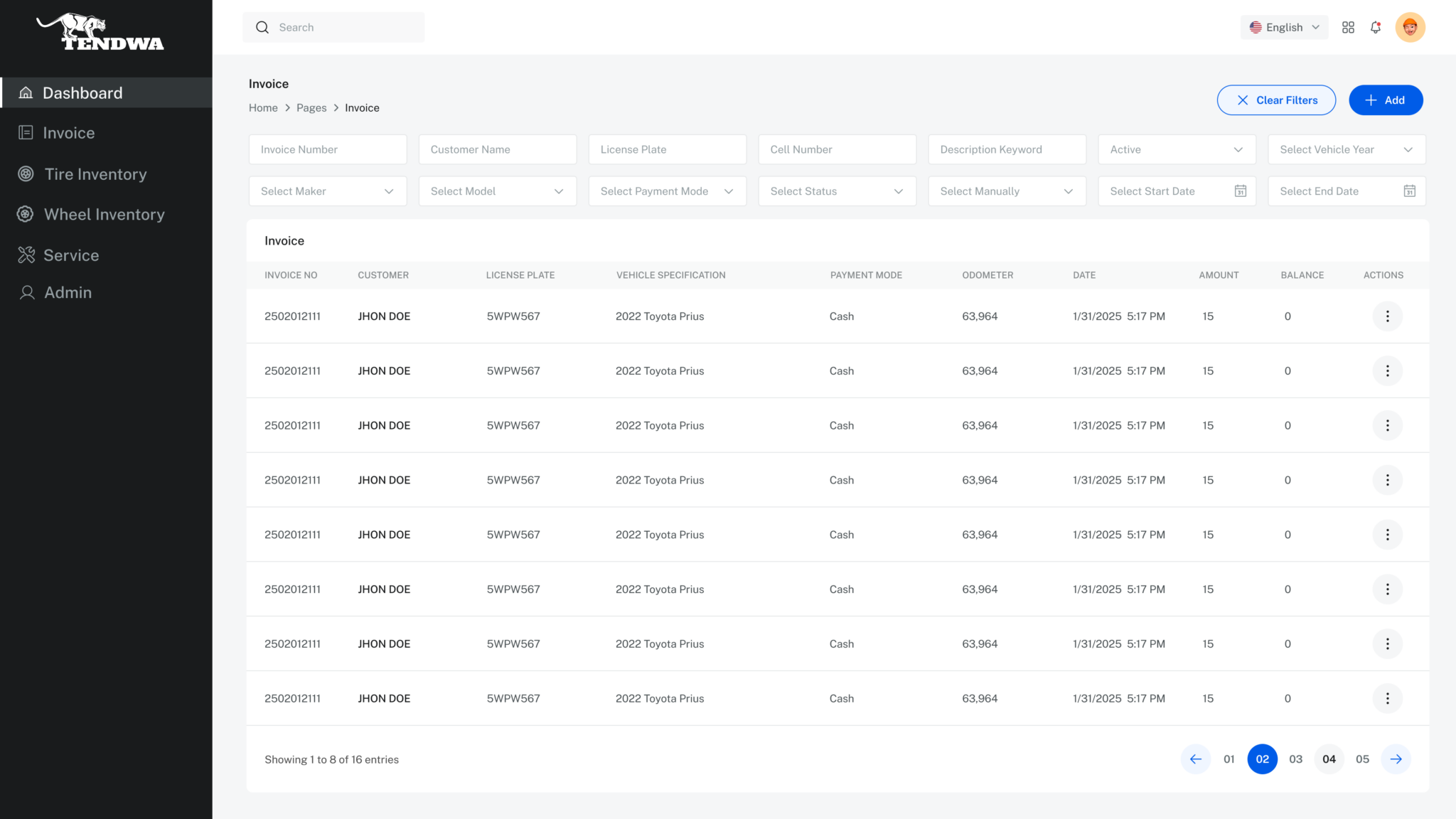 Tendwa invoice list with decoded vehicle data — license plate, year/make/model, and odometer per row