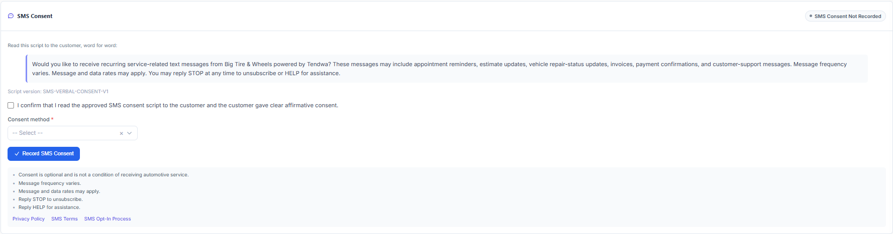 Tendwa customer screen showing the verbal SMS consent checkbox unchecked before consent is recorded.