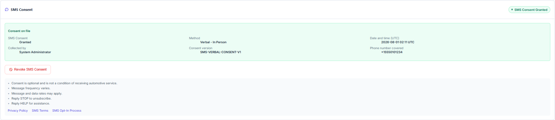 Tendwa customer screen showing recorded verbal SMS consent details including method, timestamp, employee, and consent version.