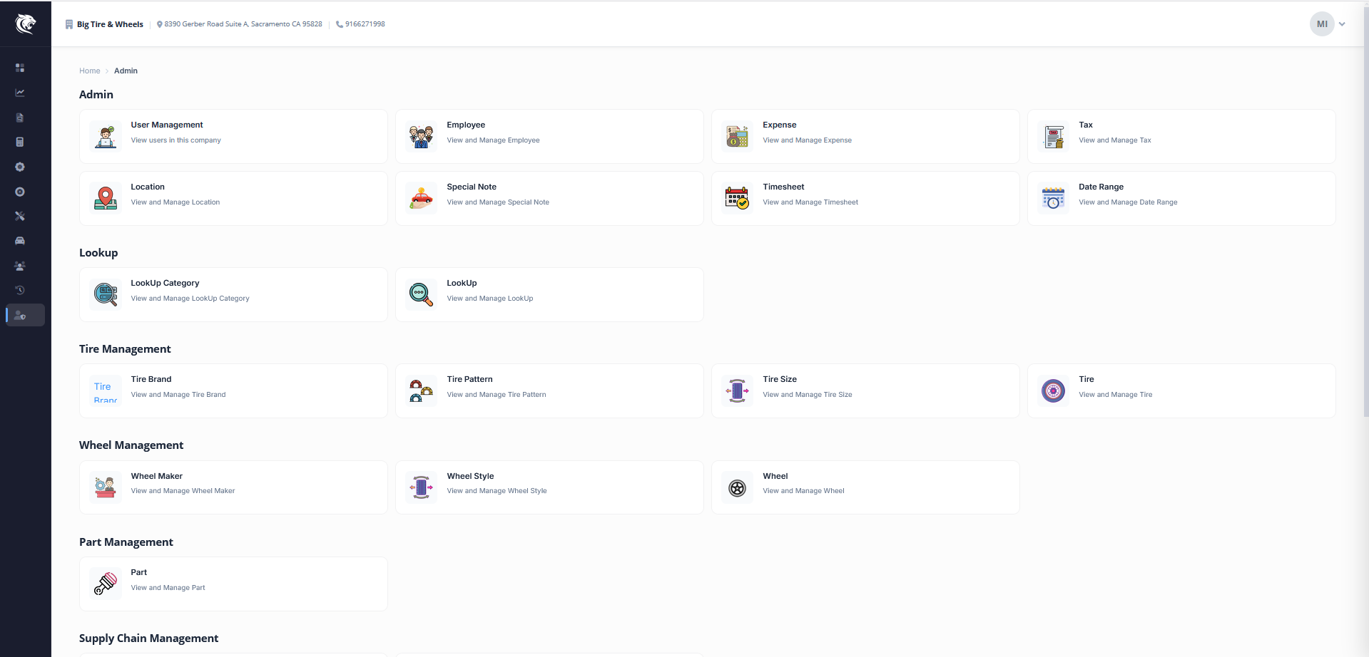 Tendwa admin home with all modules — Users, Employees, Tax, Tire Brand/Pattern/Size, Wheel Maker/Style, Parts, and more
