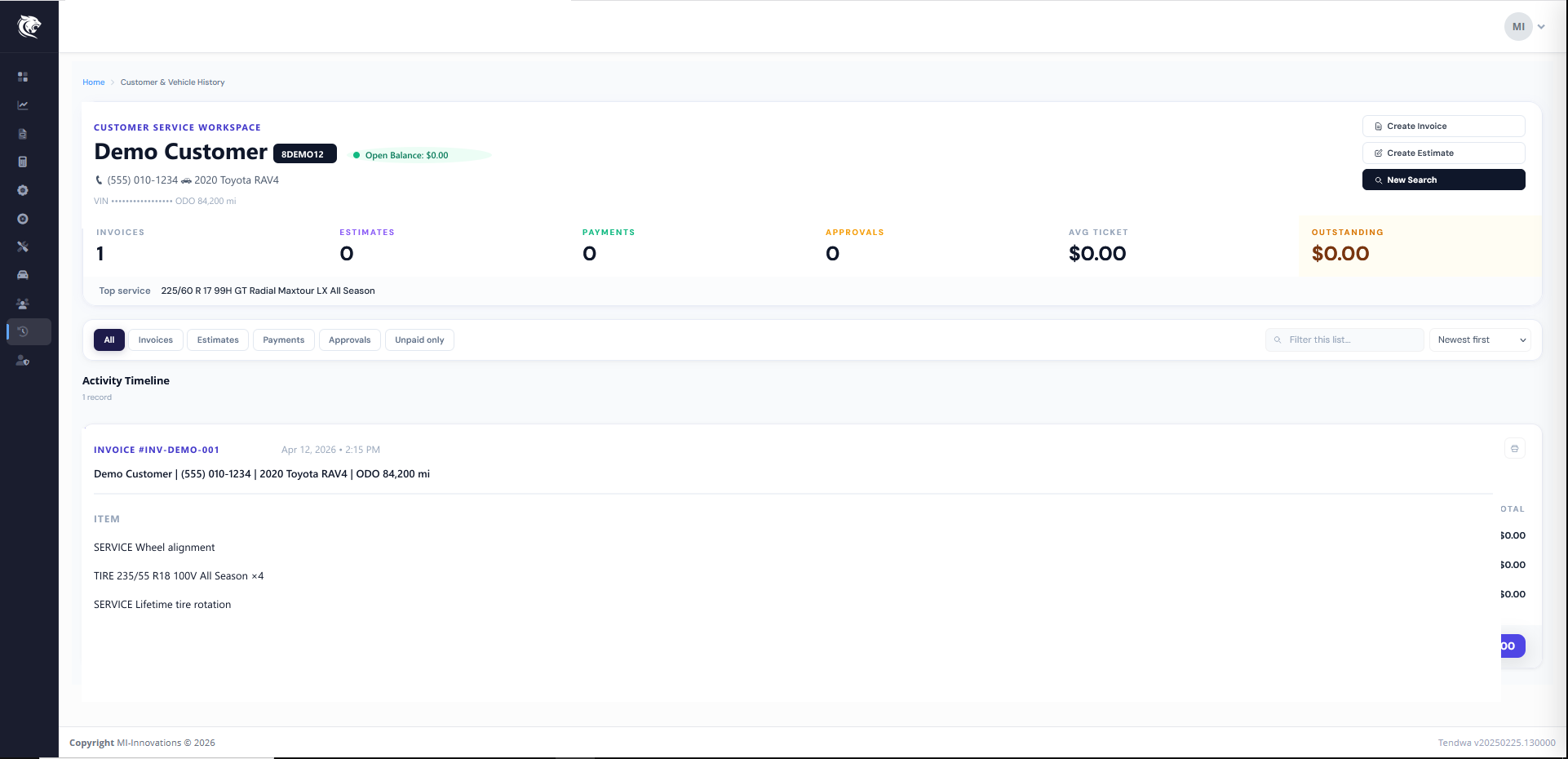 Tendwa Customer & Vehicle History showing invoices, estimates, and average ticket — customer details masked