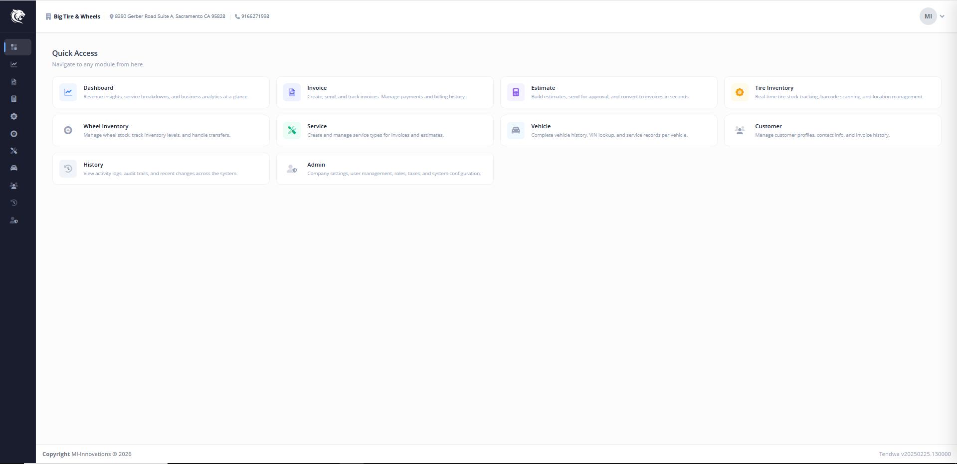 Tendwa Quick Access — Tire Inventory, Wheel Inventory, Service, Vehicle, and other modules
